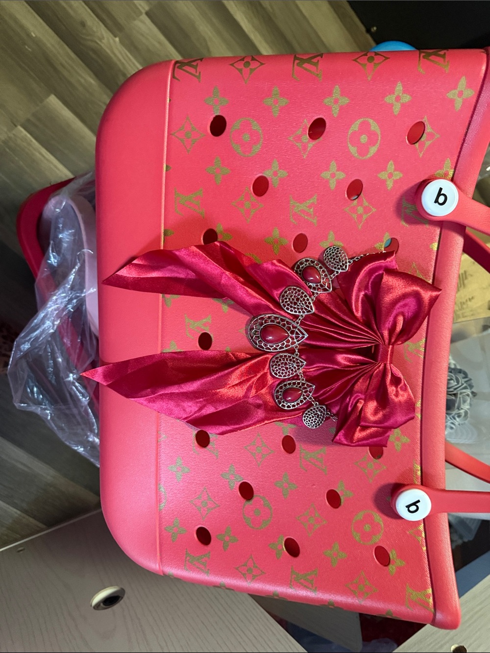 Red Satin Bow Hair Clip with Decorative Ring Accent